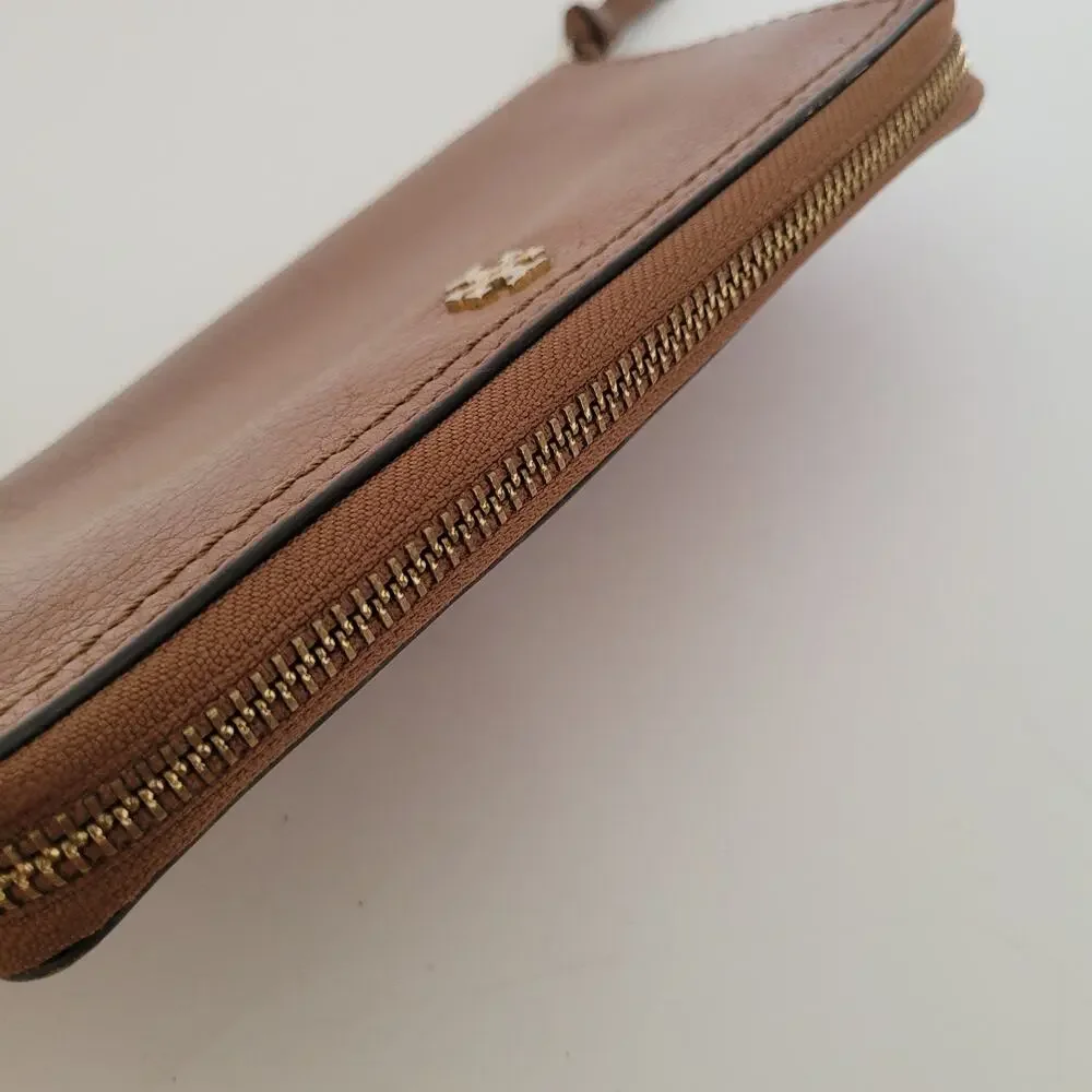 Tory Burch Emerson‎ Large Continental Wristlet Wallet Moose Brown Pebble Leather